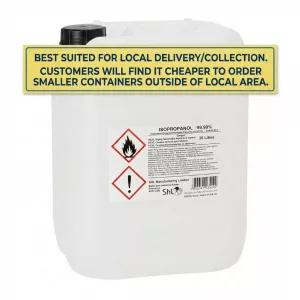 White plastic chemical container with a yellow banner across the top that reads local delivery tips; hazard label on the front shows warning diamonds and text.