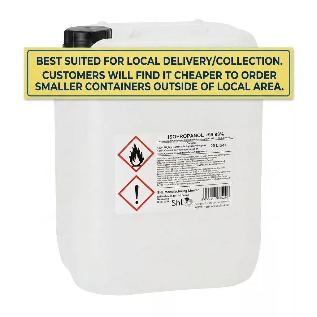 White plastic chemical container with a yellow banner across the top that reads local delivery tips; hazard label on the front shows warning diamonds and text.