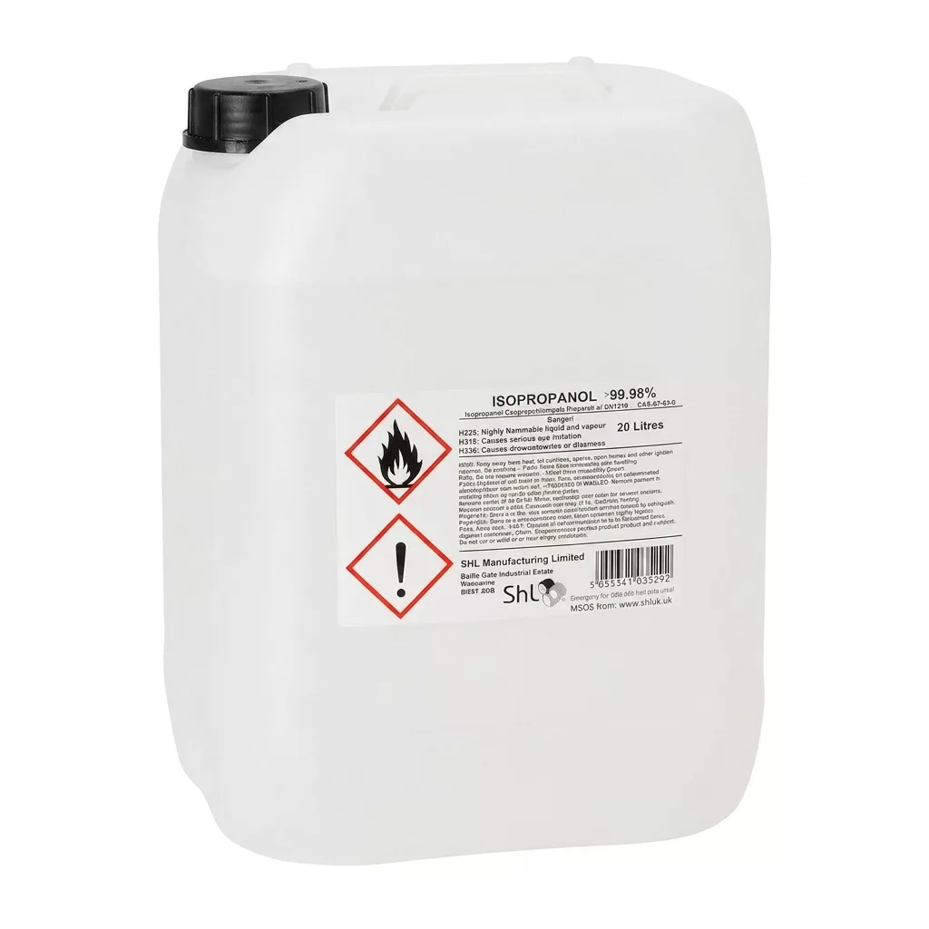 White plastic 20-liter chemical container with hazard diamonds and a black cap, labeled flammable/isopropanol.